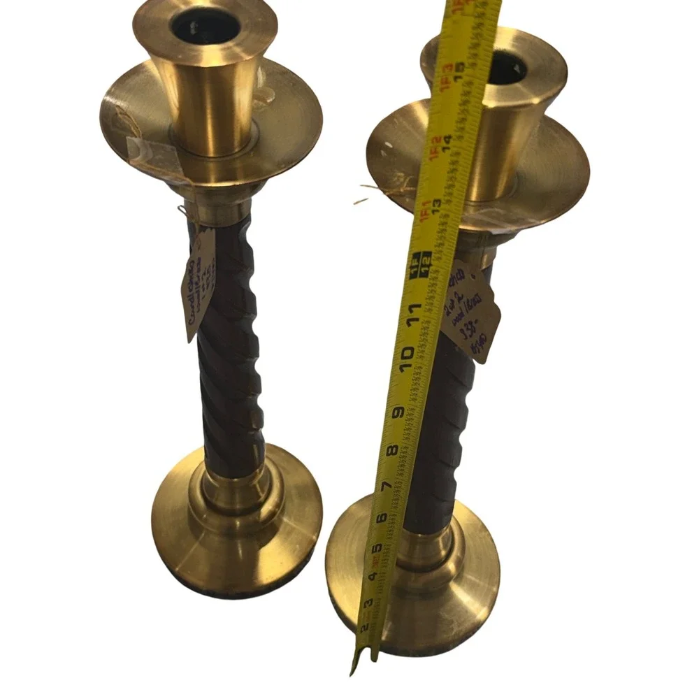 Vintage Brass and Barley Twist Wood Taper Candlestick Holders Pair 9 Inch